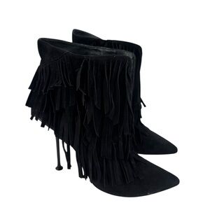 Sergio Rossi black suede stiletto ankle boots with tiered fringe detailing